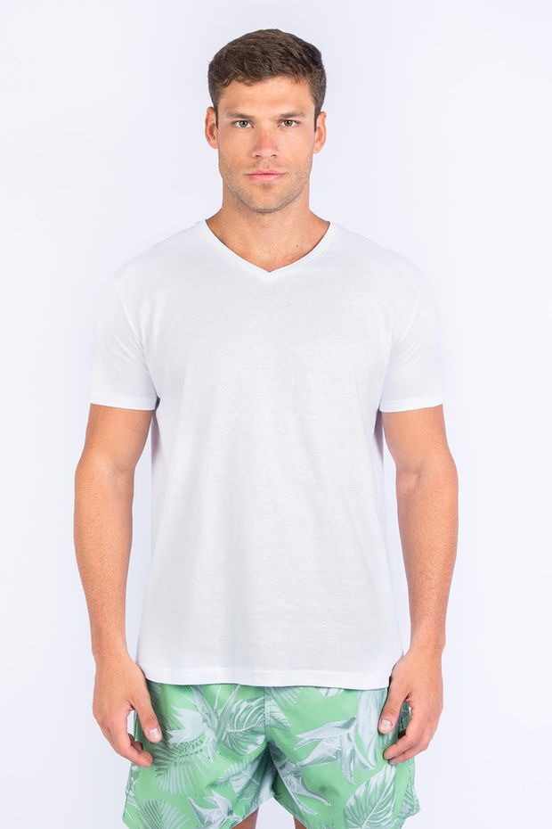 T-Shirt Básica Gola v Premium Sem Costura Branca BRANCA/P