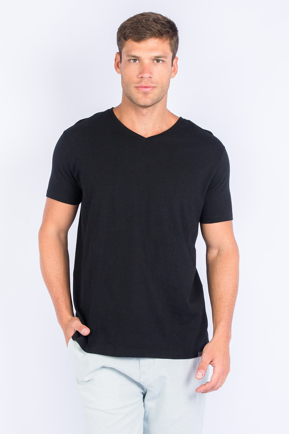 T-Shirt Básica Gola v Premium Sem Costura Preta