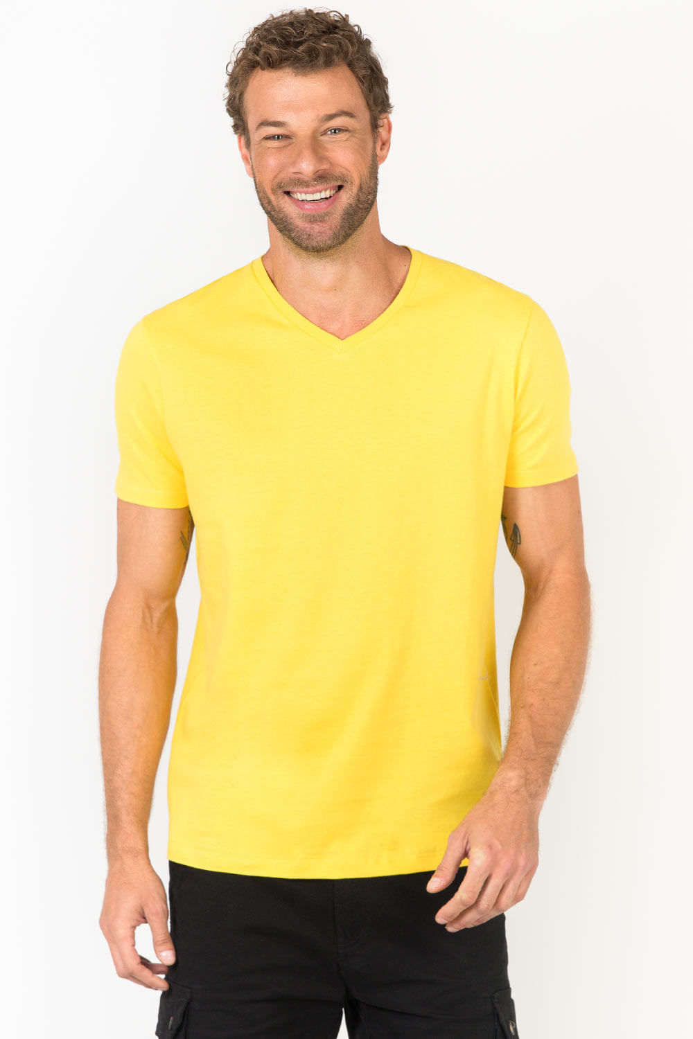 T-Shirt Básica Gola v Premium Sem Costura Amarela