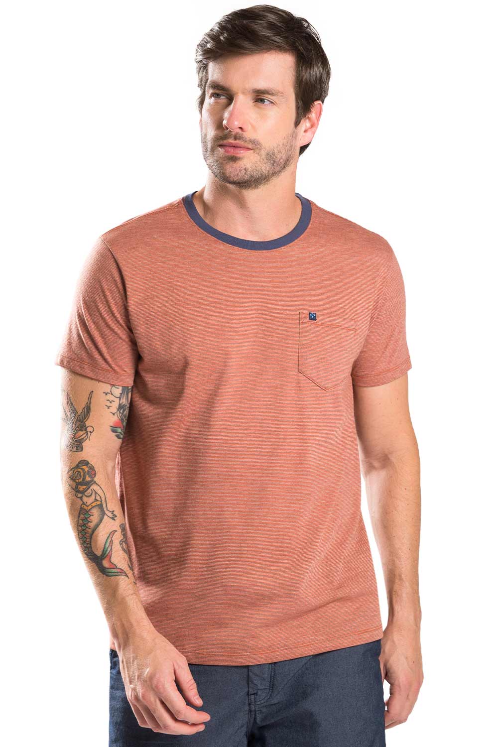 T-Shirt Listrada Com Bolso Laranja