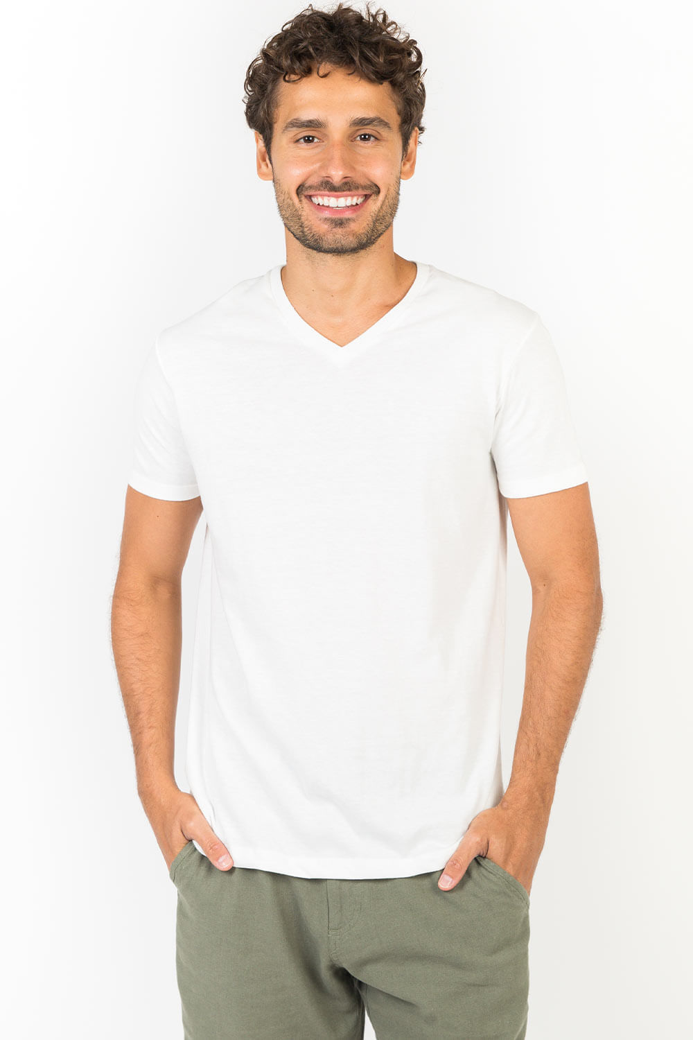 T-Shirt Básica Gola v Premium Sem Costura Lateral Cru