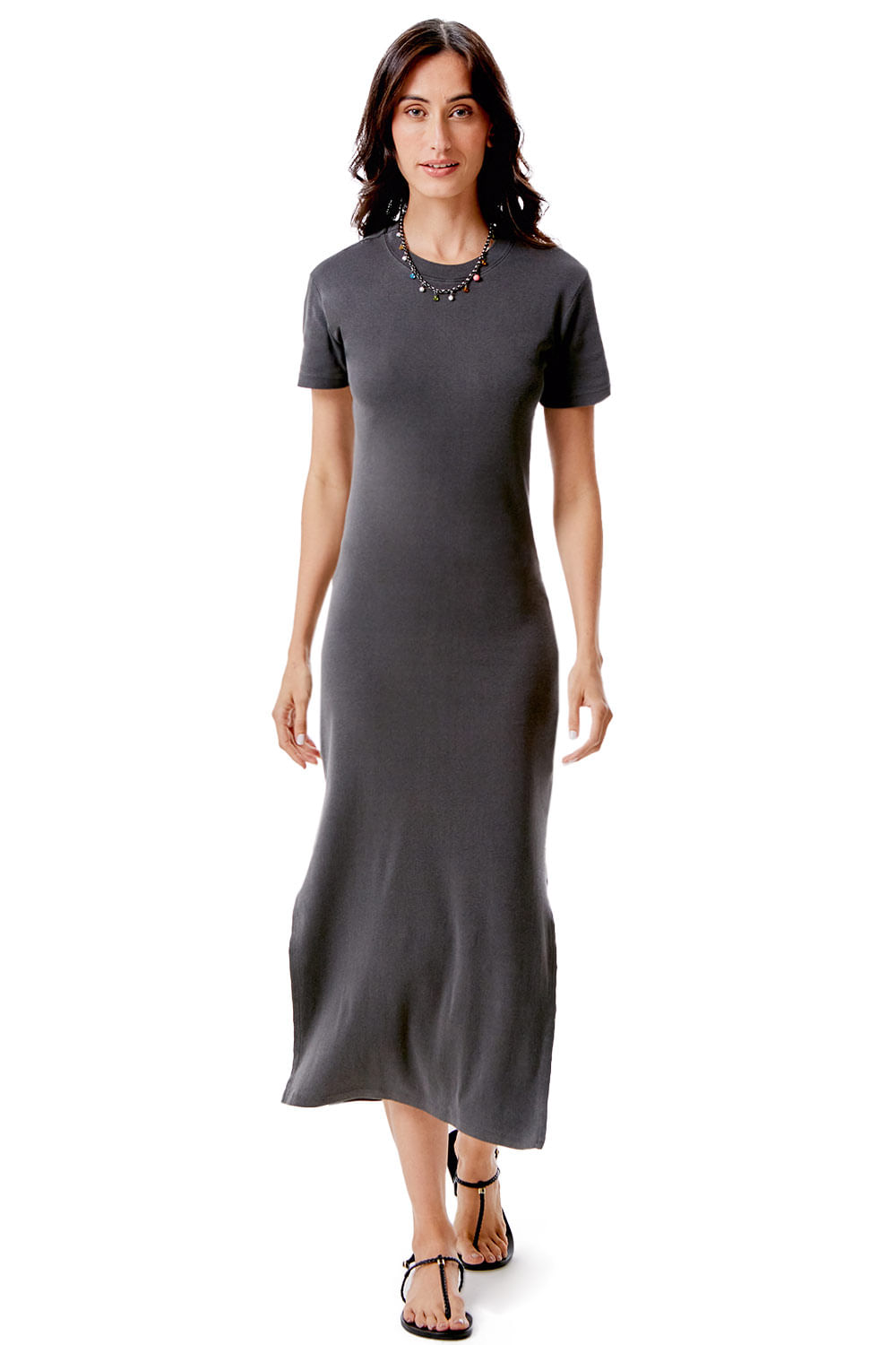 Vestido Básico Longo Canelado Grafite