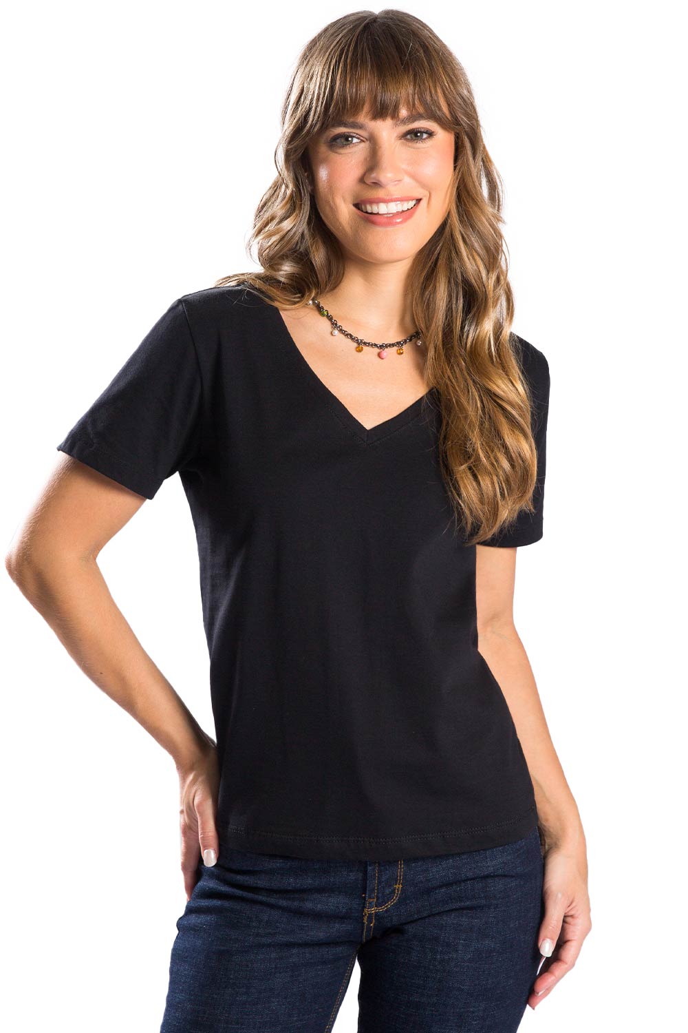 Blusa Básica Gola v Fio Penteado Preta