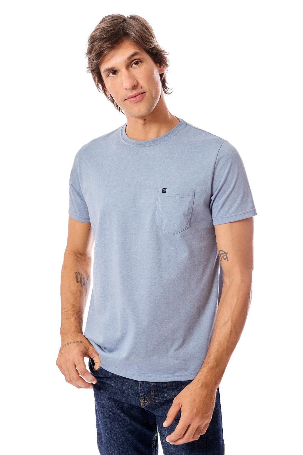 T-Shirt Básica Comfort Com Bolso Azul Jeans