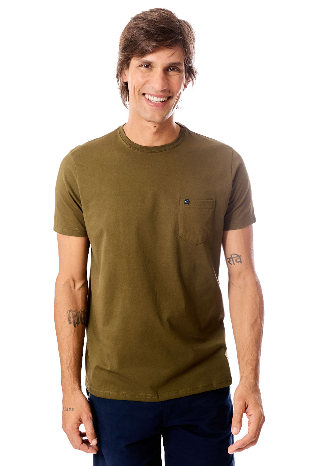 T-Shirt Básica Comfort Com Bolso Verde Musgo