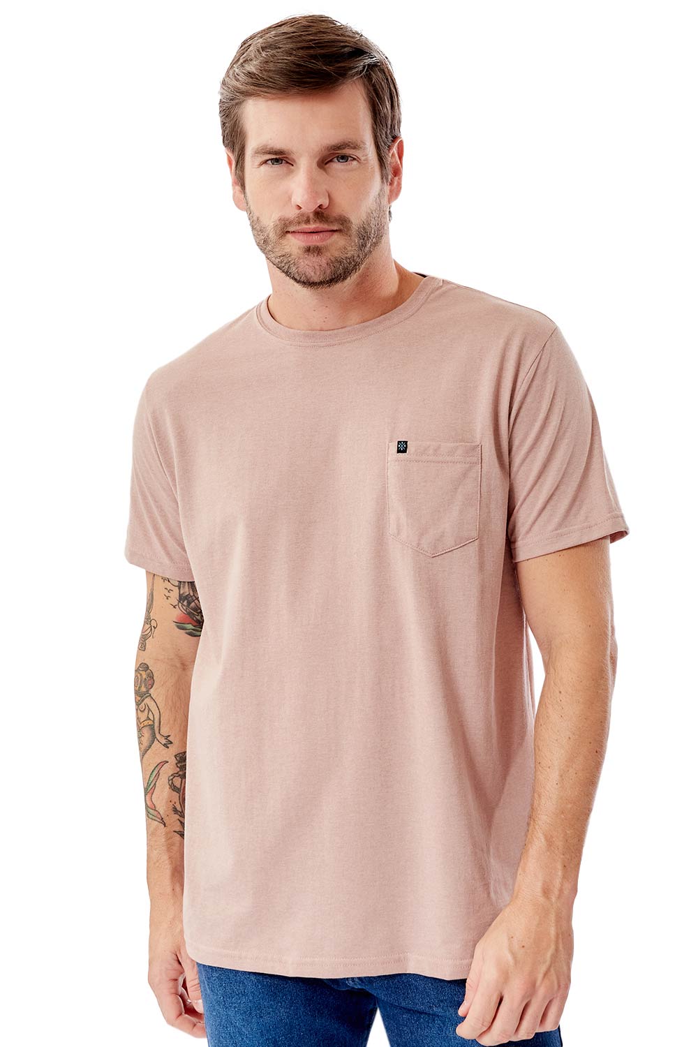 T-Shirt Básica Comfort Com Bolso Rosa Claro