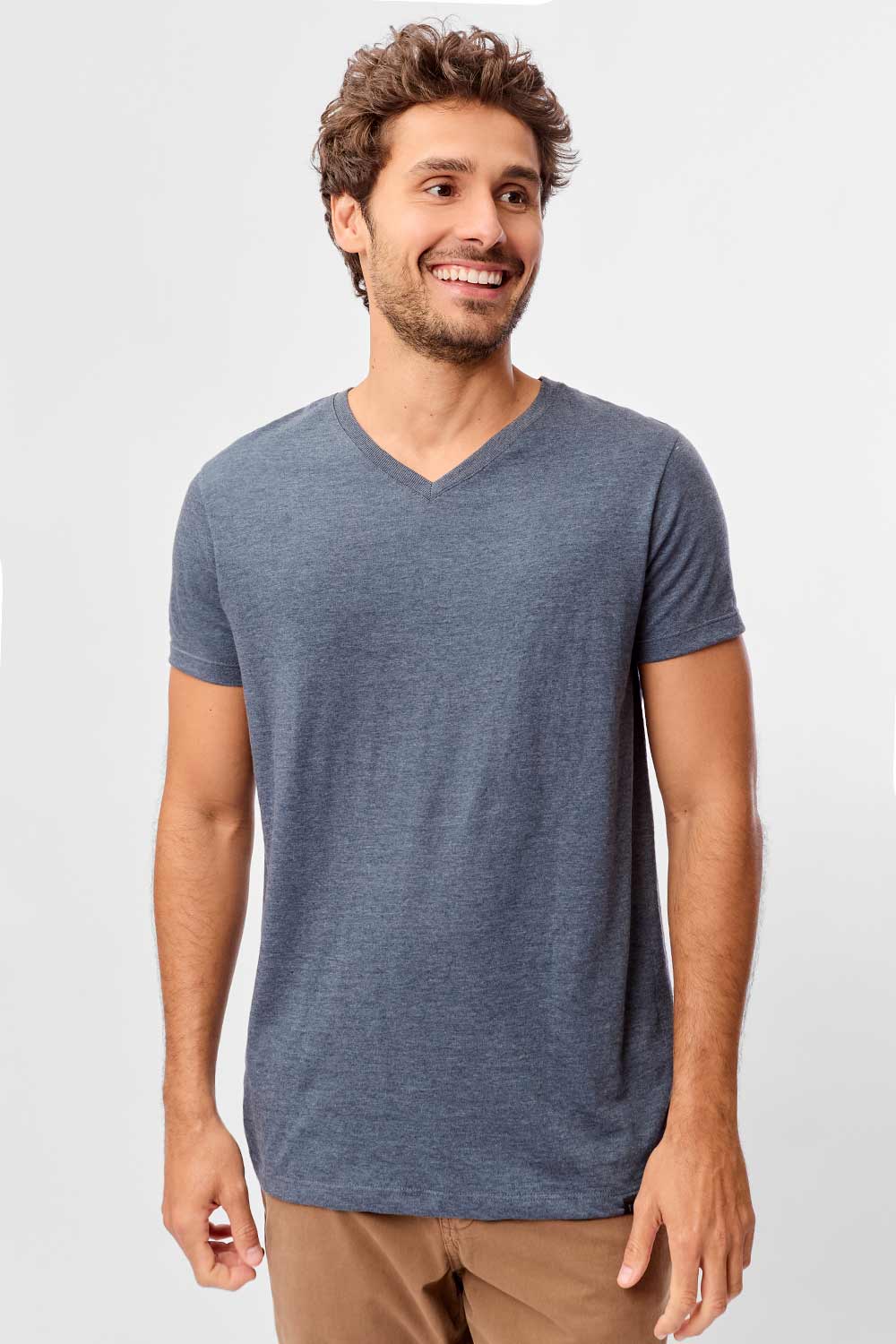 T-Shirt Básica Gola v Sem Costura Azul Jeans