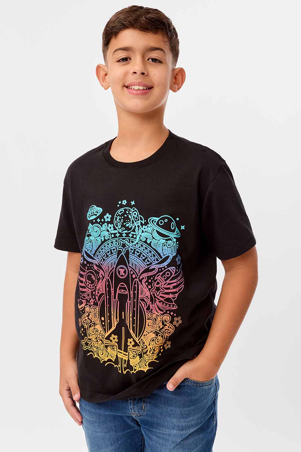 T-Shirt Infantil Estampada Space Rocket Preto
