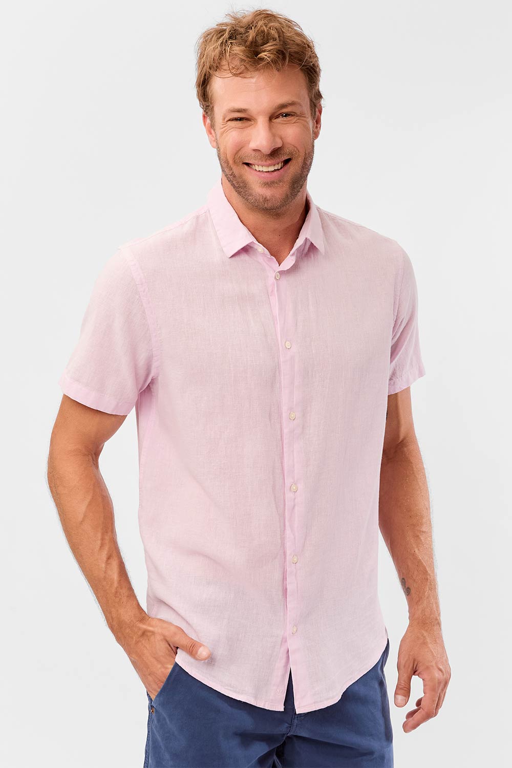 Camisa Linho Manga Curta Rosa Clara