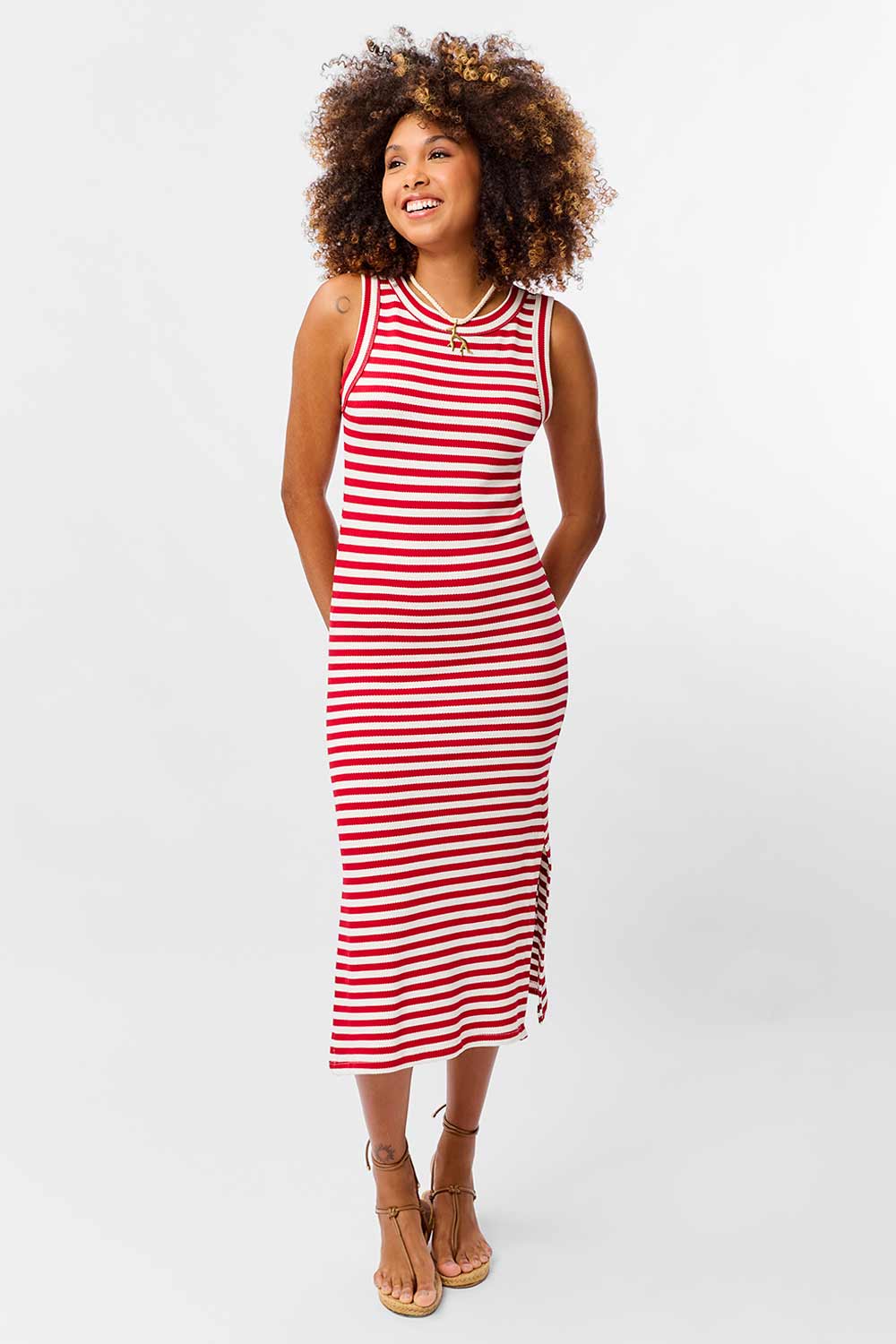 Vestido Básico Listrado Off White/Vermelho