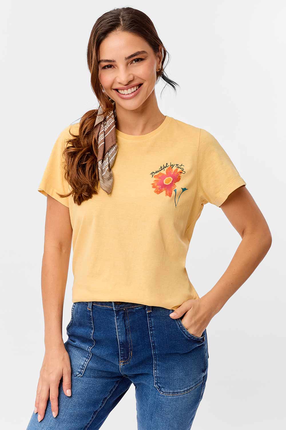 Blusa Estampada Flor Frente e Costas Amarela