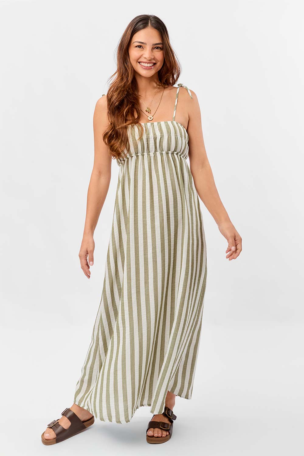 Vestido Longo Listrado Branco/Verde