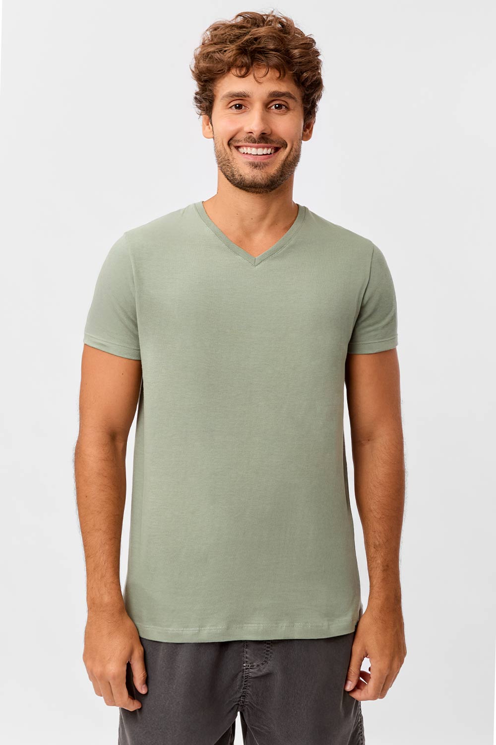 T-Shirt Básica Gola v Premium Sem Costura Verde Clara