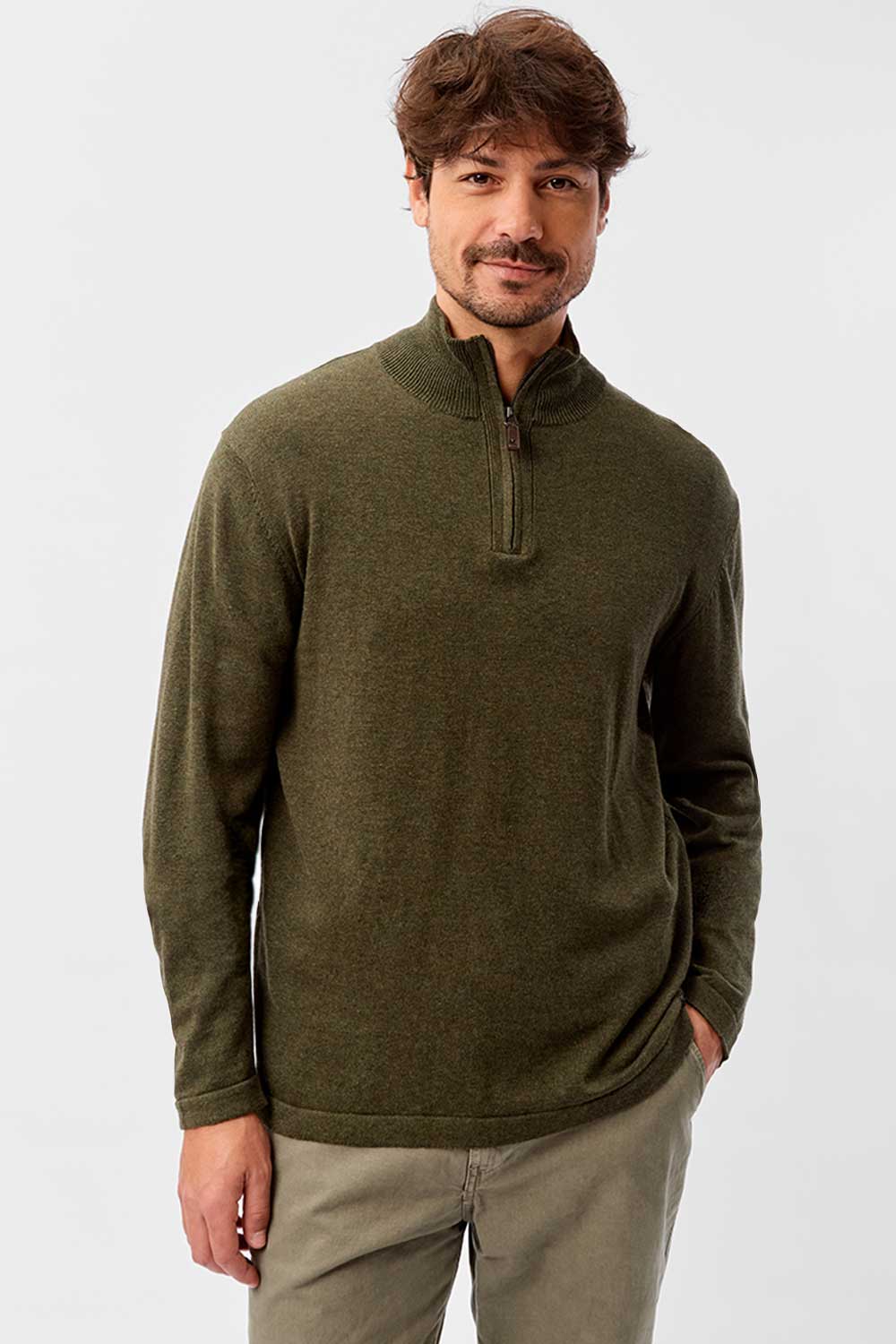 Suéter Mesclado Gola Meio Zíper Verde Musgo