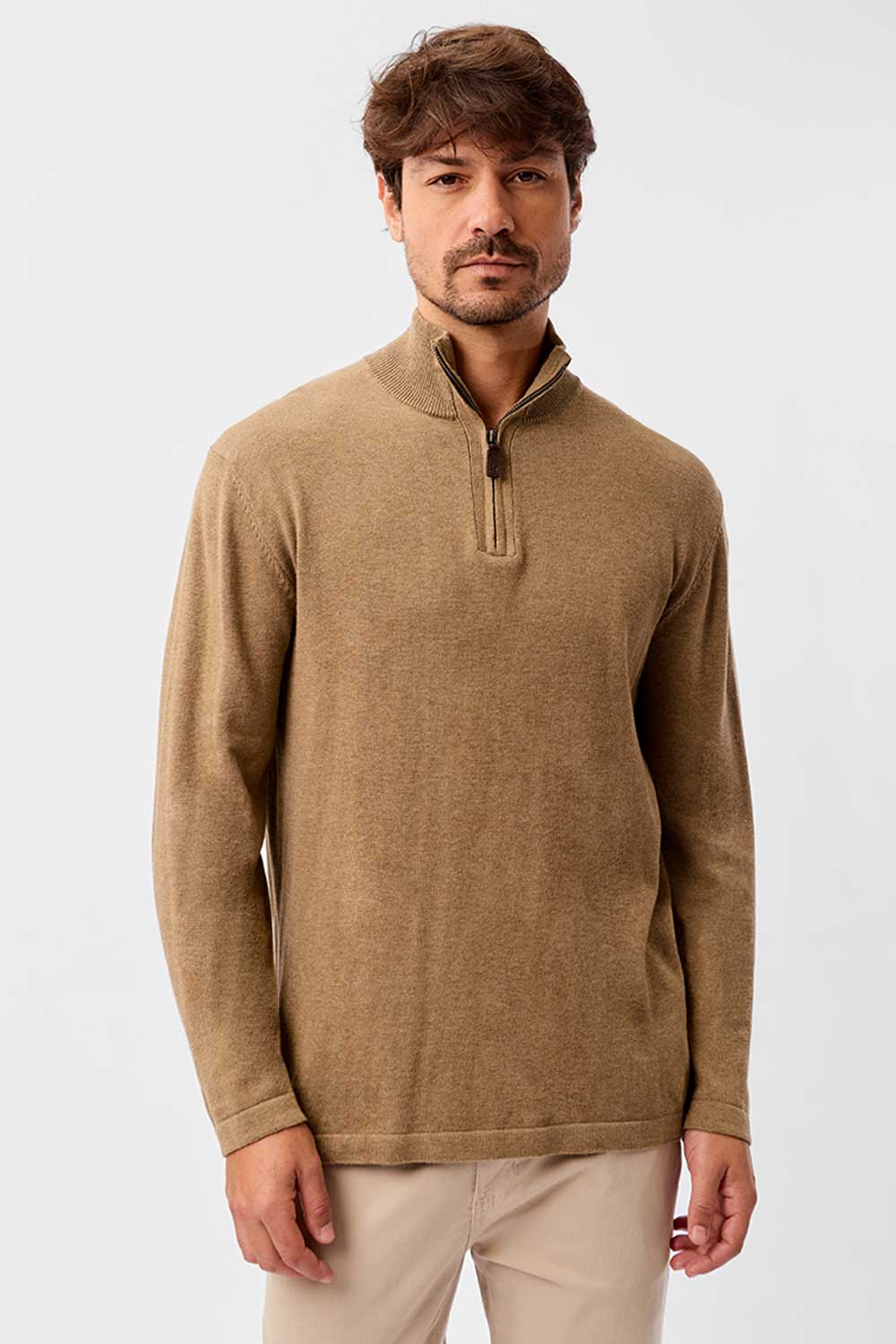 Suéter Mesclado Gola Meio Zíper Khaki